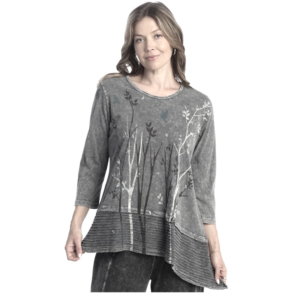 NEW Jess & Jane Small Tunic Gray Tree‎ Graphic Mineral Wash USA 100% Cotton